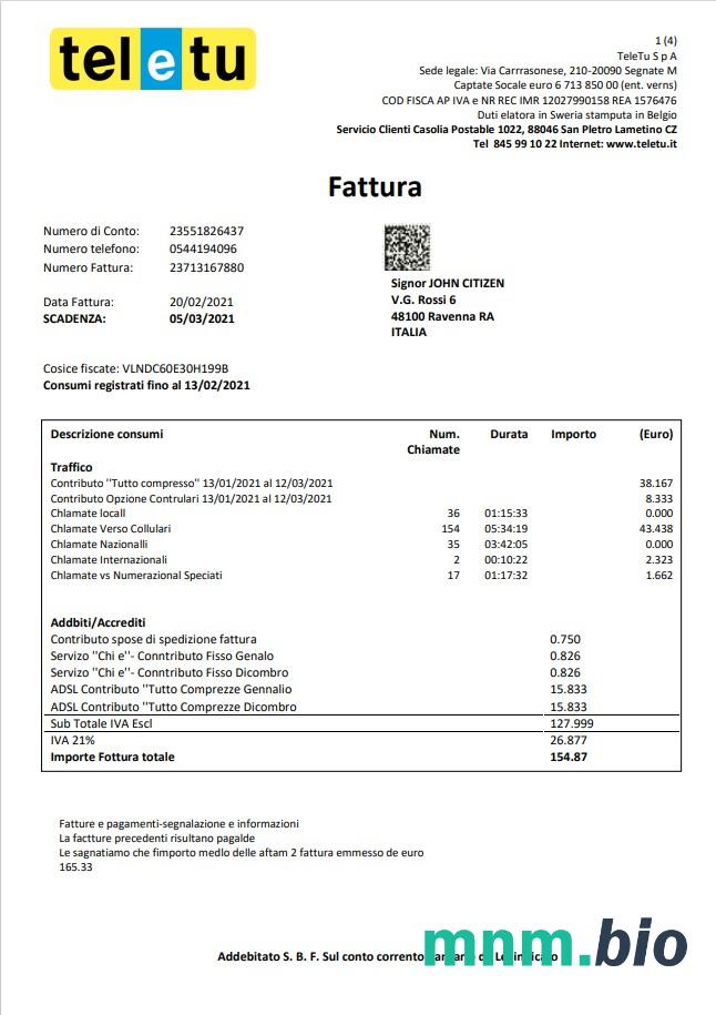 Italy TeleTu rachunek za media szablon w formacie Word i PDF